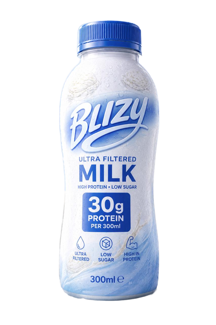 Blizy blue protein milk bottle, frost-covered